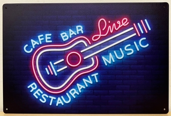 Gitaar Cafe Bar Neon style metalen reclamebord 30x20