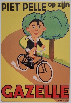 Piet Pelle op zijn Gazelle metalen reclamebord