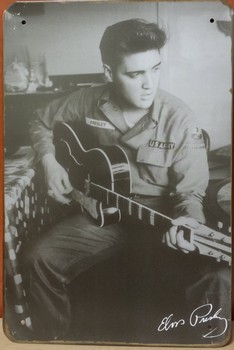 Elvis zittend met gitaar zwart wit metalen reclamebord