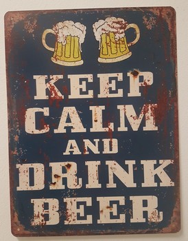 Keep calm drink beer 2 glazen blauw metalen bord
